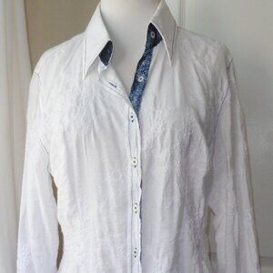 Georg Roth $238.00 White Embroidered Button Up Shirt Top w/Sequin Trim Medium